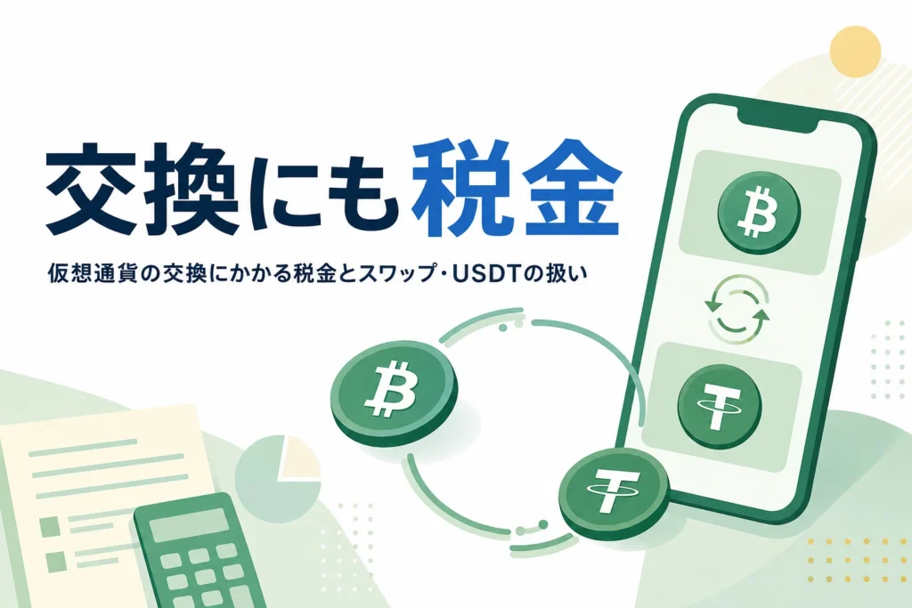 仮想通貨の交換にかかる税金を解説するアイキャッチ