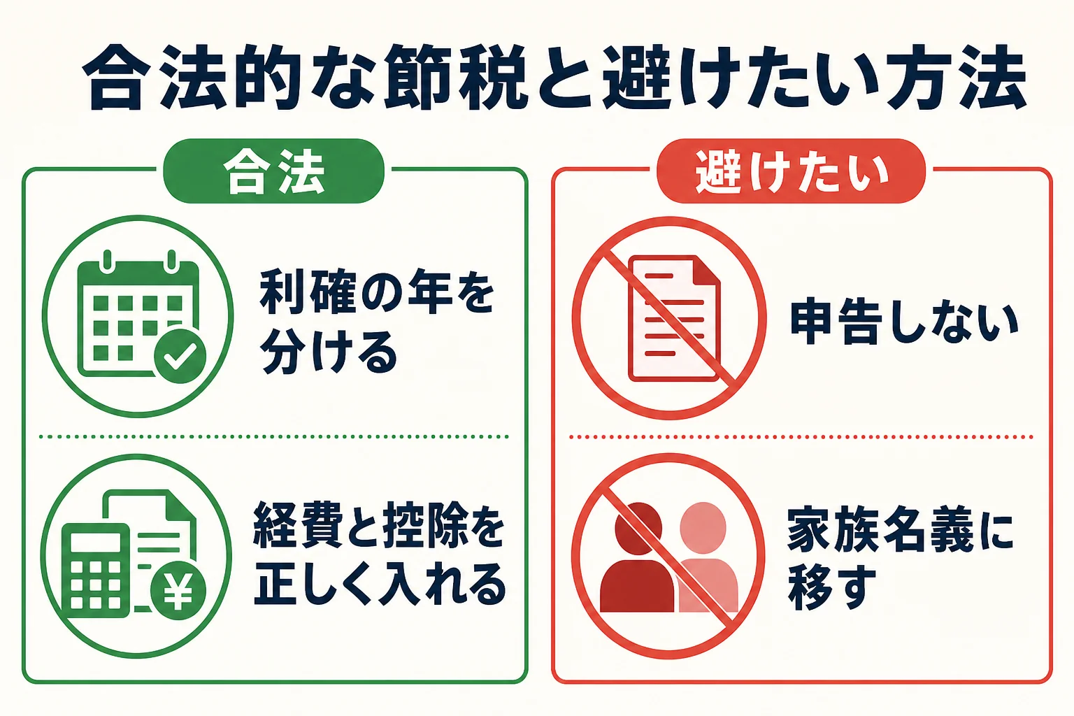 仮想通貨の合法的な節税と避けたい方法を比べた図解