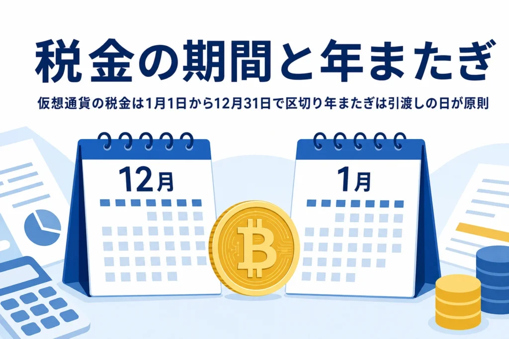 仮想通貨の税金の期間と年またぎの考え方を示すアイキャッチ