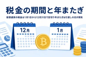 仮想通貨の税金の期間と年またぎの考え方を示すアイキャッチ