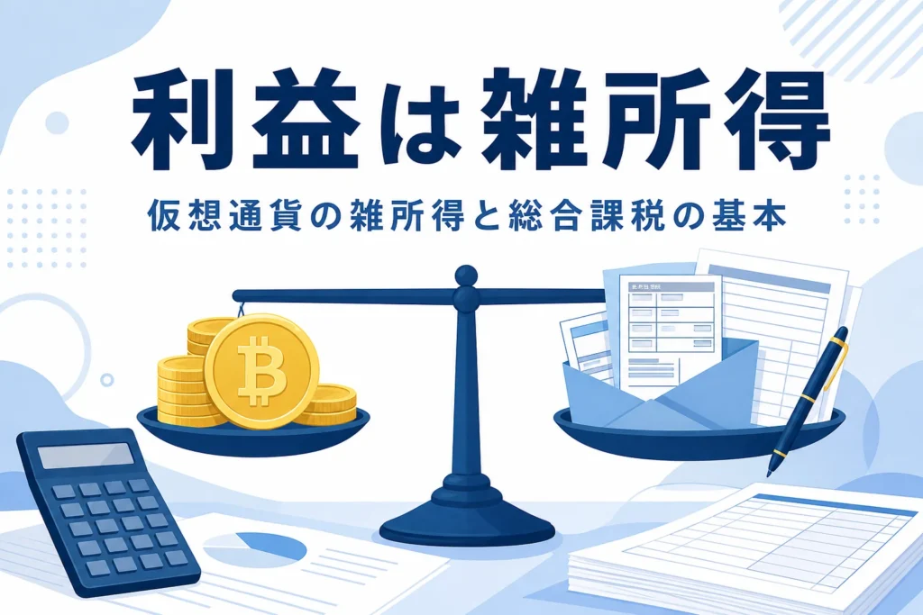 仮想通貨の利益は雑所得で総合課税になることを表したアイキャッチ
