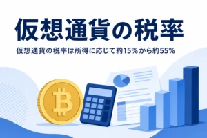 仮想通貨の税率は所得に応じて約15%から約55%になることを示すアイキャッチ